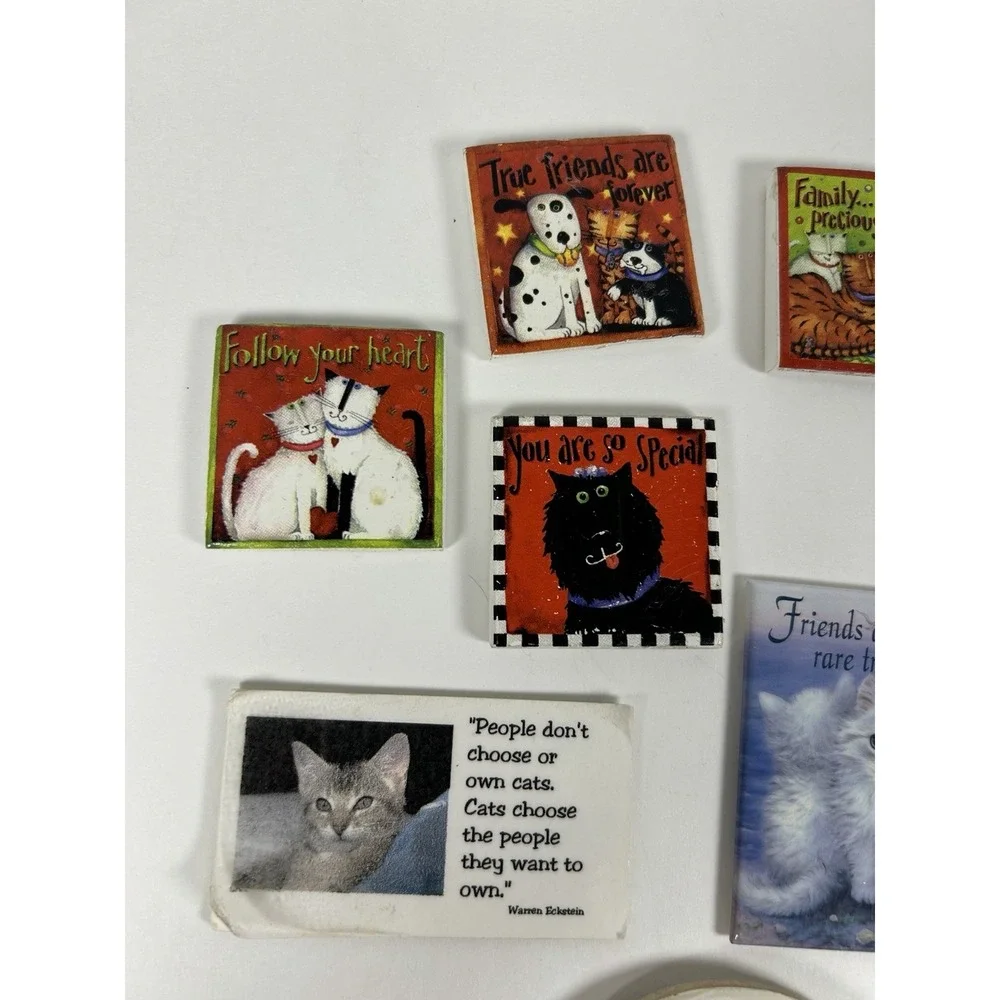Lot of 9 VTG Cat theme Refrigerator Magnets Friendship Quotes Round Square
